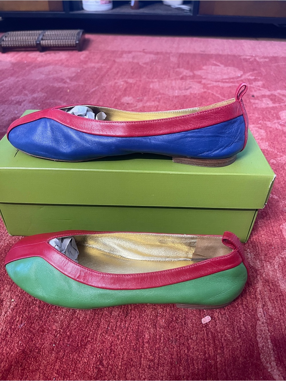 Tory Burch Two-Tone Leather Ballet Flats in Blue, Green & Red